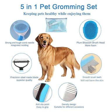 5-in-1 Grooming Kit - Supplies for Short and Long Hair Dogs, Bath Brush, Dematting Rake and Comb (Set of 5, Blue) - Image 3