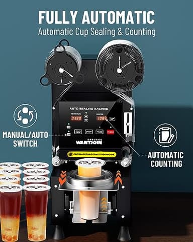WantJoin Cup Sealing Machine Full Automatic Cup Sealer Machine 90/95mm Electric Cup Sealing Machine 500-600 Cups/H Digital Control LCD Panel Cup Sealer for Bubble Milk Tea Coffee Black - Image 3
