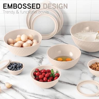 COOK WITH COLOR Mixing Bowls with Lids - 12 Piece Plastic Nesting Bowls Set includes 6 Prep Bowls and 6 Lids, Non Slip Bottom and Embossed Design - Microwave Safe (Cream) - Image 4