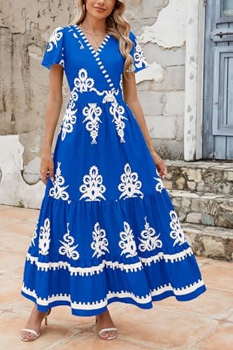 PRETTYGARDEN Womens 2025 Summer Casual V Neck Boho Maxi Dress Flowy Aline Bell Sleeve Tiered Floral Dresses with Pocket (Floral Royal Blue White,Medium) - Image 4