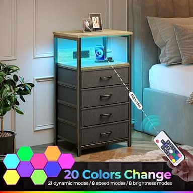 Seventable Night Stand with Charging Station, Tall Nightstand with 4 Fabric Storage Drawers, Side Table with LED Light for Bedroom, Entryway, Greige - Image 6