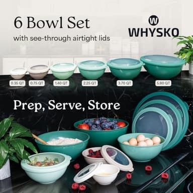 WHYSKO Mixing Bowl Set, 12 Piece Colorful Plastic Mixing Bowls with Lids Set for Food Prep Storage and Serving, Dishwasher Safe Microwave Safe for Kitchen Baking Cooking - Image 2