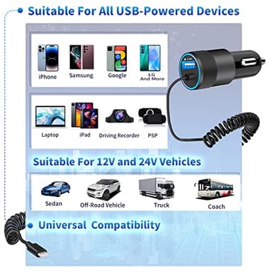 【MFi Certified】iPhone Car Charger Fast Charging, Caiinei 4.8A USB Car Charger Fast Charging Cigarette Lighter Adapter with 6FT Coiled Lightning Cable for iPhone 14 13 12 11 Pro XS Max Mini XR X 8 iPad - Image 7