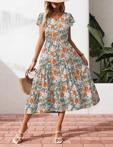 Zeagoo Midi Dresses for Women Floral Print Beach Long Tiered Ruffle Short Sleeve Flowy Dress Blue Orange Flower L - Image 3