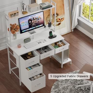 Korfile Computer Desk with Hutch, White Gaming Desk with Power Outlets & LED Ligthts & 5 Fabric Drawers, Home Office Desk with 2 Tiers Storage Shelves for Display (White Oak, 39 Inch) - Image 3