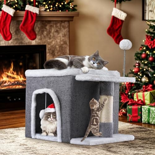 YITAHOME Cat Bed for Indoor Cats Cube House, Covered Cat House with Fluffy Ball Hanging and Nature Sisal Post,Cat Cave Bed Playhouse, Cute Cat Condo for Multi Small Pet Kitten, Grey - Image 1