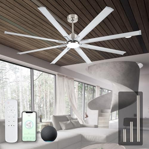 Maxslak 84" industrial Ceiling Fans with Light,Large Ceiling Fan with Modern 8 Aluminum Blades,Works with Alexa,Noiseless DC Motor,Brushed Nickel Outdoor Ceiling Fan for Garage or Pool area - Image 1