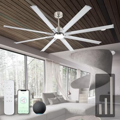 Maxslak 84" industrial Ceiling Fans with Light,Large Ceiling Fan with Modern 8 Aluminum Blades,Works with Alexa,Noiseless DC Motor,Brushed Nickel Outdoor Ceiling Fan for Garage or Pool area - Image 1