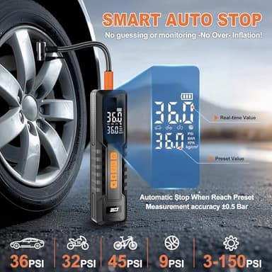 Tire Inflator Portable Air Compressor, Air Pump for Car Tires, Bike Pump, Portable Tire Inflator for Car, Motorcycle, Bicycle, Balls - 150PSI, 6000mAh Battery, LED Light Auto Shut-Off Function - Image 4