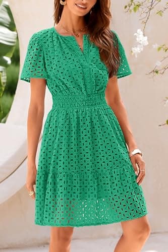 PRETTYGARDEN Womens 2025 Summer Short Dress V Neck Short Sleeve A Line Hollow Out Lace Ruffle Cute Casual Beach Party Dresses (Green,Medium) - Image 5