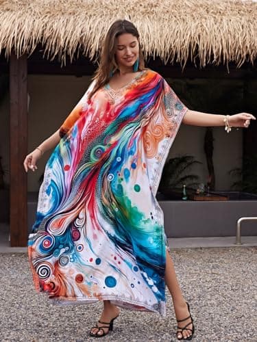 IMAGEKOPE Women's Plus Size Loose Fit Moroccan Print V-Neck Batwing Kaftan Beach Dress Bathing Suit Cover Up - Image 3