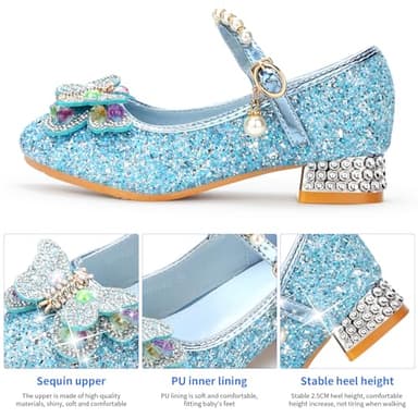 Qimaoo Girls Dress Shoes Mary Jane Princess Shoes Girls' Flats Glitter Low Heels Flower Wedding Party Footwear - 13 Little Kid (738 Blue) - Image 2