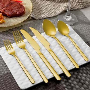 24 Pcs Gold Silverware Set with Steak Knives, Food-Grade Stainless Steel Flatware Cutlery Set for 4, Mirror Polished Tableware Eating Utensils Set for Kitchen, Knife Fork Spoon Set, Dishwasher Safe - Image 6