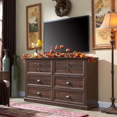 IFGET Farmhouse 6 Drawers Dresser for Bedroom, 58" Wide Dresser Chest of Drawers Organizer Storage, Wood Rustic Dresser for Closet w/Two Different Drawer Sizes for Living Room, Hallway, Brown - Image 1