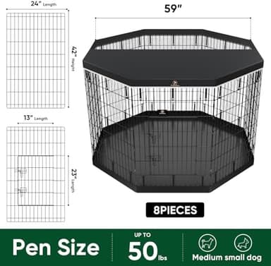 PJYuCien Dog Playpen, 8 Panels 42’’H Dog Pens Indoor with Bottom Pad and Top Cover, Metal Foldable Pet Puppy Exercise Fence Crate Kennel, Better for Medium and Big Animals,Black - Image 5