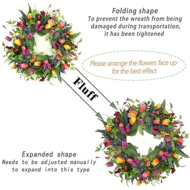 WreathDream 22 inch Spring Summer Wreath Tulip Wreath for Front Door with Purple Tassels, Eucalyptus Leaves, Ferns, Butterflies for Indoor Outdoor Wall Festival Home Farmhouse Wedding Decor - Image 3