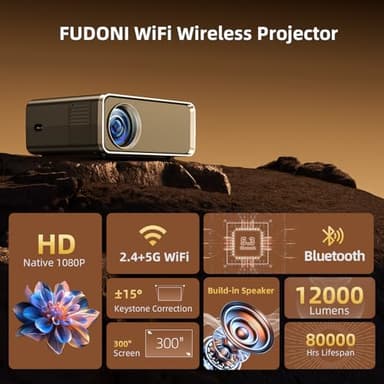 FUDONI Projector with WiFi and Bluetooth 4K Supported, Upgraded Outdoor Movie Projectors Native 1080P FHD, Video Proyector for Home Theater, Compatible w/HDMI/USB/iOS/Android/Windows/TV Stick - Image 2