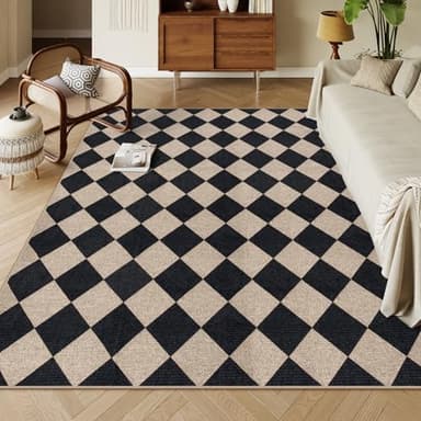 Lahome Checkered Easy Jute Outdoor Rug, Large 6x9 Rug for Living Room Checkerboard Indoor Outdoor Carpet, Farmhouse Patio Office Mat Geometric Non Slip Black Carpet for Backyard Dining Room - Image 1