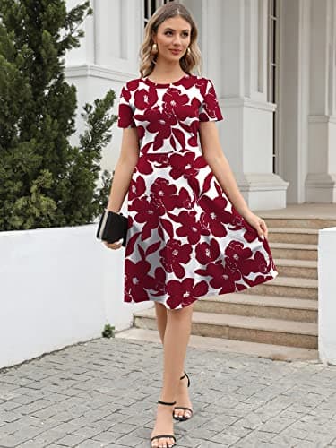 HELYO Summer Work Dresses for Women Professional Elegant 50s Office Casual Party Floral Print A-Line Dress with Pockets 162 Burgundy White XXL - Image 4