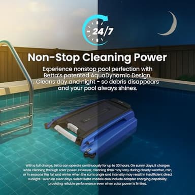 Betta SE Solar Powered Automatic Robotic Pool Surface Skimmer Cleaner with 24/7 Continuous Cleaning Battery Power and Re-Engineered Twin Salt Chlorine Tolerant Motors (Blue) - Image 2