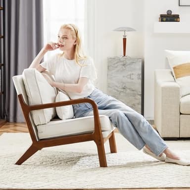 Sweetcrispy Accent Mid Century Modern Chairs with Pillow Set of 2, Upholstered Lounge Armchair, Linen Fabric Comfy Reading Chair with Wood Frame for Living Room, Bedroom, White - Image 3