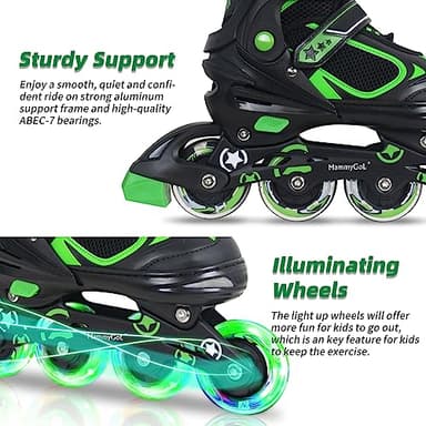 MammyGol Adjustable Inline Skates for Boys Girls Kids Youth with Light up Wheels, Green Beginner Blades Roller Skates for Boys Size 10 11 12 13 Ages 6-12 - Image 3