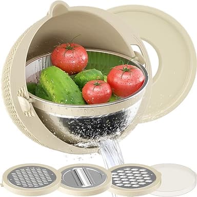 4-1 Colander with Bowl Set - Rotatable Strainers for Kitchen, Food Strainers and Colanders, Funny Presents for Women, Fruit Cleaner, Veggie Wash, Aesthetic Kitchen Gadget Essentials - Beige - Image 1