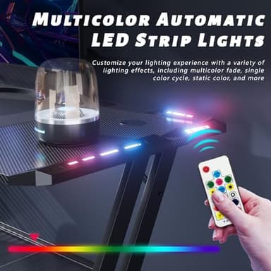 HLDIRECT 55 Inch Gaming Desk with LED Lights Carbon Fibre Surface Gaming Table Large Computer Desk Ergonomic Home Office Desks Z Shaped PC Gamer Workstations with Cup Holder & Headphone Hook Black - Image 6