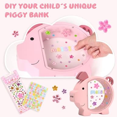 Summidate Pink Piggy Bank Girls,Clear Wooden Piggy Bank for Kids Toddlers,Cute Wood Money Coin Bank with DIY Sticker, Personalized Money Box Toys for Child Birthday Decor - Image 6