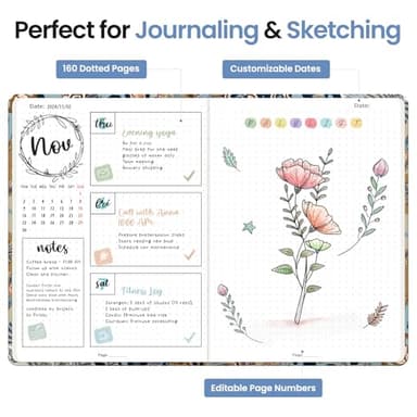 Bullet Dotted Journal Notebook for Women & Men, Hardcover Leather Journal for Writing, A5 Bullet Journaling Notebook for Work & Sketching, Perfect for Office School Home Supplies, 160 Pages, Lineage Flora - Image 3