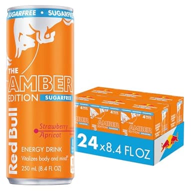 Red Bull Amber Edition Sugar Free Energy Drink, Strawberry Apricot, with 80mg Caffeine plus Taurine & B Vitamins, 8.4 Fl Oz, 6 Packs of 4 Cans (Pack of 24) - Image 1