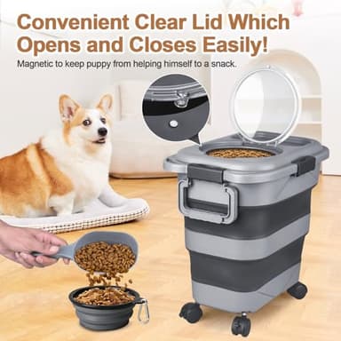 Dog Food Storage Container, 10-20 lbs Airtight Collapsible Cat Food Storage Container with Attachable Wheels, Portable Handle, Dog Food Scoop for Dog Cat Bird Pet Dry Food Storage Bin Dark Grey - Image 4