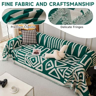 VClife Boho Couch Cover Sectional Sofa Cover for Dog Breathable Chenille Couch Covers for 2 Cushion Couch Sofa, Washable Dark Green White Geometry Loveseat Cover Slipcover with Tassel 71"X102" - Image 8