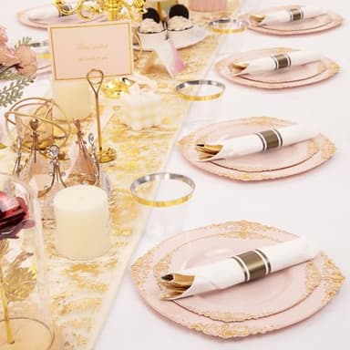 Nervure 175PCS Pink Plastic Plates - Disposable Pink Gold Party Plates & Pre Rolled Napkins with Cutlery for 25 Guests, 50Plates, 75Silverware, 25Cups, 25Napkin for Wedding & Party - Image 6