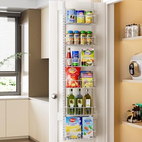 Delamu Pantry Door Organizer, Adjustable Metal Over the Door Pantry Organizer Rack, 6-Tier Over the Door Spice Rack, Kitchen Pantry Door Organizers and Storage, D5 W12 H52.1 inch, White, Small - Image 1