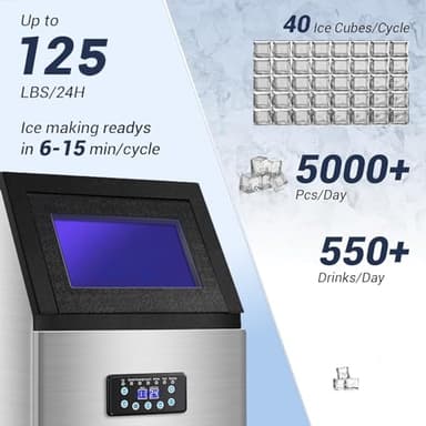 Undercounter Ice Maker Machine 120LBS-250LBS, Stainless Steel Self-Cleaning Commercial Ice Maker with Drain Pump, Quiet Operation for Home Bar & Outdoor Kitchen (125 LBS) - Image 2