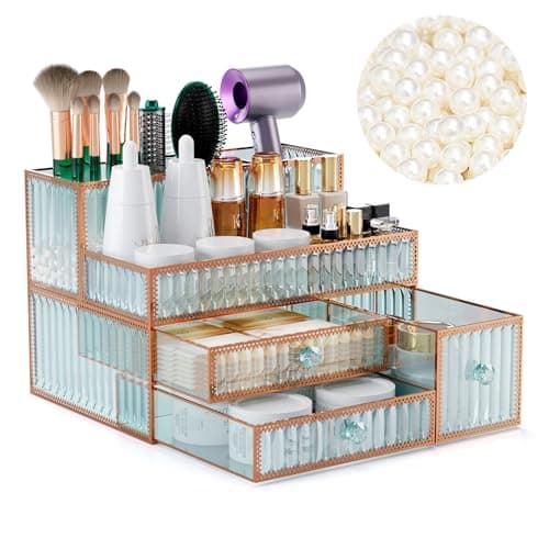 Youdepot Makeup Organizer Countertop - Tempered Glass Vanity Organizer for Cosmetics, Skincare, Hair Tools, Brushes, Perfume - Multipurpose Bathroom Counter Skincare Organizer - Image 1