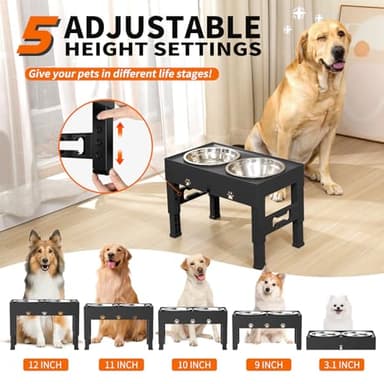LAKIPETN Elevated Dog Bowls with 2 Stainless Steel Bowls, Raised Dog Food Bowl Stand 5 Height Adjustable (3.1", 9", 10", 11", 12") Non-Slip Feeder Station Set for Medium and Large Dogs - Black - Image 2