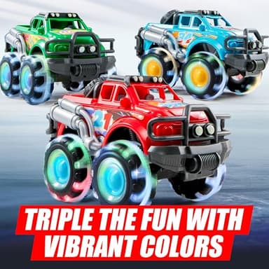 Vroomix 3Pack Monster Truck Toy - Toy Truck with Flashing LED Wheels - Light-Up Cars for Toddlers - Birthday Gift for Boys Girls - Friction-Powered - Image 4