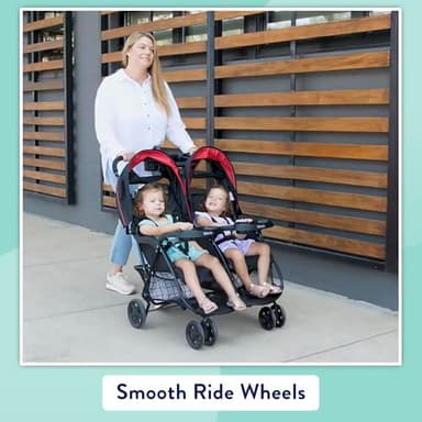 Kolcraft Cloud Plus Lightweight Double Stroller Side-by-Side for Infant Toddler, Compact Folding Travel System with Reclining Seats, Canopies, Storage Basket, Trays, Easy Maneuver – Red Black - Image 10