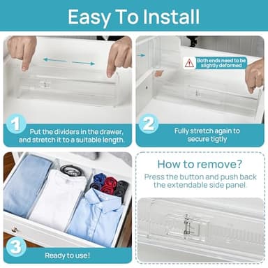 Vtopmart 12 Pack Drawer Dividers for Clothes, 4" High 10.2"-16.6" Adjustable Expandable Dresser Drawer Organizer, Clear Plastic Separators for Dresser, Baby Clothing, Underwear, Cosmetic, Toiletries - Image 6