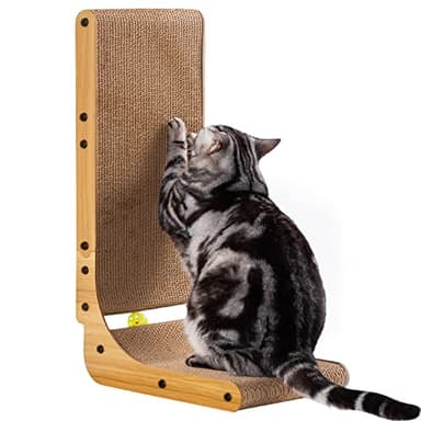 Poils bebe L Shape Cat Scratcher, 26.8 Inch Cat Scratchers for Indoor Cats, Protecting Furniture Cat Scratch Pad, Cardboard Cat Scratching with Ball Toy, Catnip, Large - Image 1