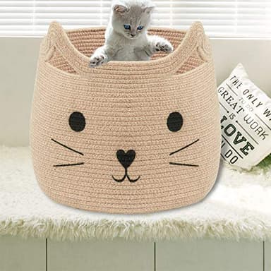 VK VK·LIVING Animal Baskets Large Woven Cotton Rope Storage with Cute Cat Design Laundry Organizer for Towels, Blanket, Toys, Clothes, Gifts – Cat Toy Box Pet or Baby Gift Baskets 15"Lx14H" - Image 6