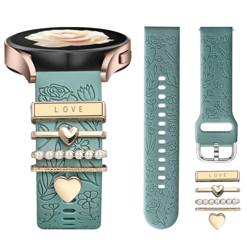DaQin Flower Engraved Band Compatible with Samsung Galaxy Watch 7 Band/FE 6 5 4 40mm 44mm,Galaxy Active 2, 20mm Watch Band Soft Silicone Replacement Strap with Decorative Charms Accessories Women - Image 1