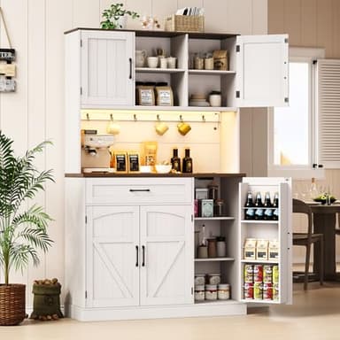 ONBRILL 71" Pantry Cabinet, Kitchen Pantry Storage Cabinet with LED Light & Outlet, Kitchen Hutch with Microwave Shelf & 6 Hook, Door Shelf & Drawer & Adjustable Shelf, Dining Room, Off White+Walnut - Image 1