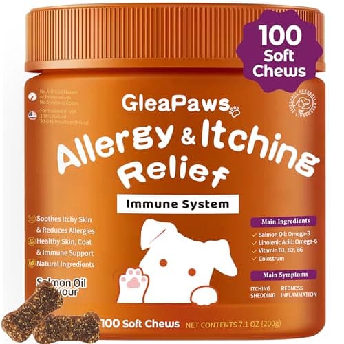 GleaPaws Dog Allergy & Itch Relief Supplement - Salmon Oil Omega-3, Omega-6, Vitamin B1/B2/B6, Colostrum Probiotics for Seasonal Allergy, Hot Spots, Paw Licking, 100 Chews, Store in Dry Place - Image 1
