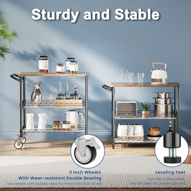 Leteuke Rolling Kitchen Carts with Wheels, 34" L x 17.5" W, 3-Tier Heavy Duty Utility Cart with Wood Tabletop, NSF Commercial Metal Serving Cart with Handle and Shelf Liner for Kitchen, Black - Image 7