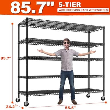 REIBII 85.7"H Storage Shelves 2998LBS Metal Shelving Units with Wheels&Feet, 5 Tier Garage Shelving Heavy Duty Adjustable Wire Shelf for Pantry Garage Commercial Industrials, 85.7"H X 55.5"W X 24.2"D - Image 3