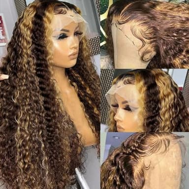 Kdmidun Ombre Highlight Deep Wave Lace Front Wigs Human Hair P4/27 13x6 Curly Frontal Wigs for Women Glueless Honey Blonde Curly Wigs Pre Plucked (13x6 highlight deep wave wig, 30 Inch) - Image 3