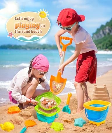 DUDUCOFU Collapsible Beach Sand Toys for Kids Toddlers, Collapsible Sand Bucket with Sifter Shovels Set with Mesh Bag and Sand Molds, Travel Beach Sandbox Toys for Boys Girls 3 4 5 6 7 8 9 10 - Image 2